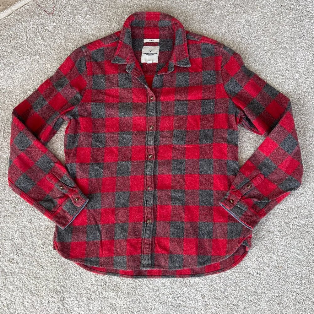 NWOT American Eagle Red & Gray Plaid Shirt L